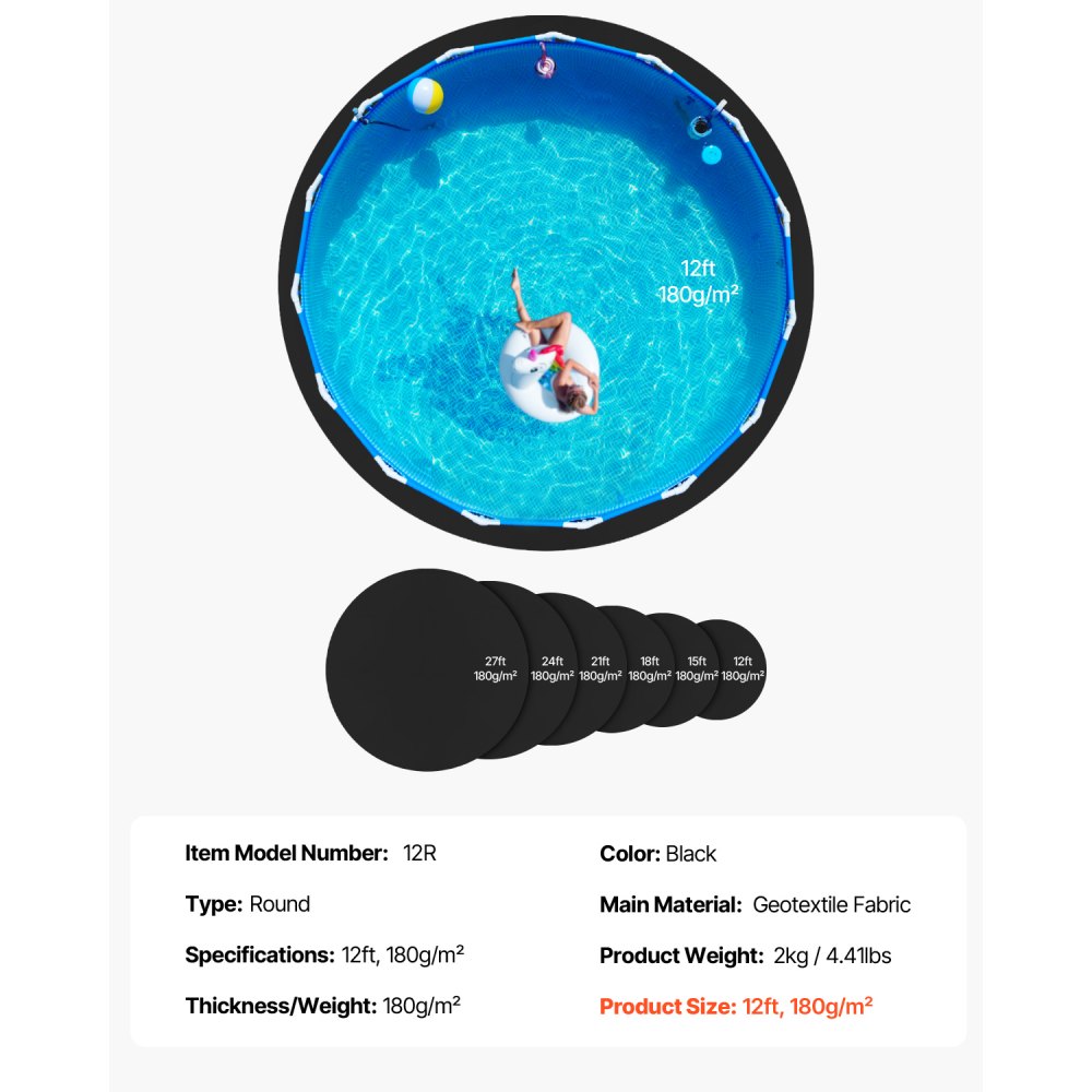 VEVOR 12ft Round Pool Liner Pad, Pool Liner Pad for Above Ground Swimming Pools, Extra-Thick Pool Mat, Prevents Punctures, Recycled Geotextile Material Underlayment Pad, Extend Liner Life