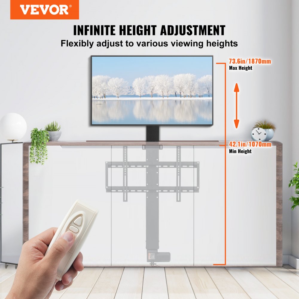 VEVOR Automated TV Elevator, 31" Stroke for Up to 60" Screens, Adjustable Height 42"-73", Remote Controlled, Supports 132 lbs