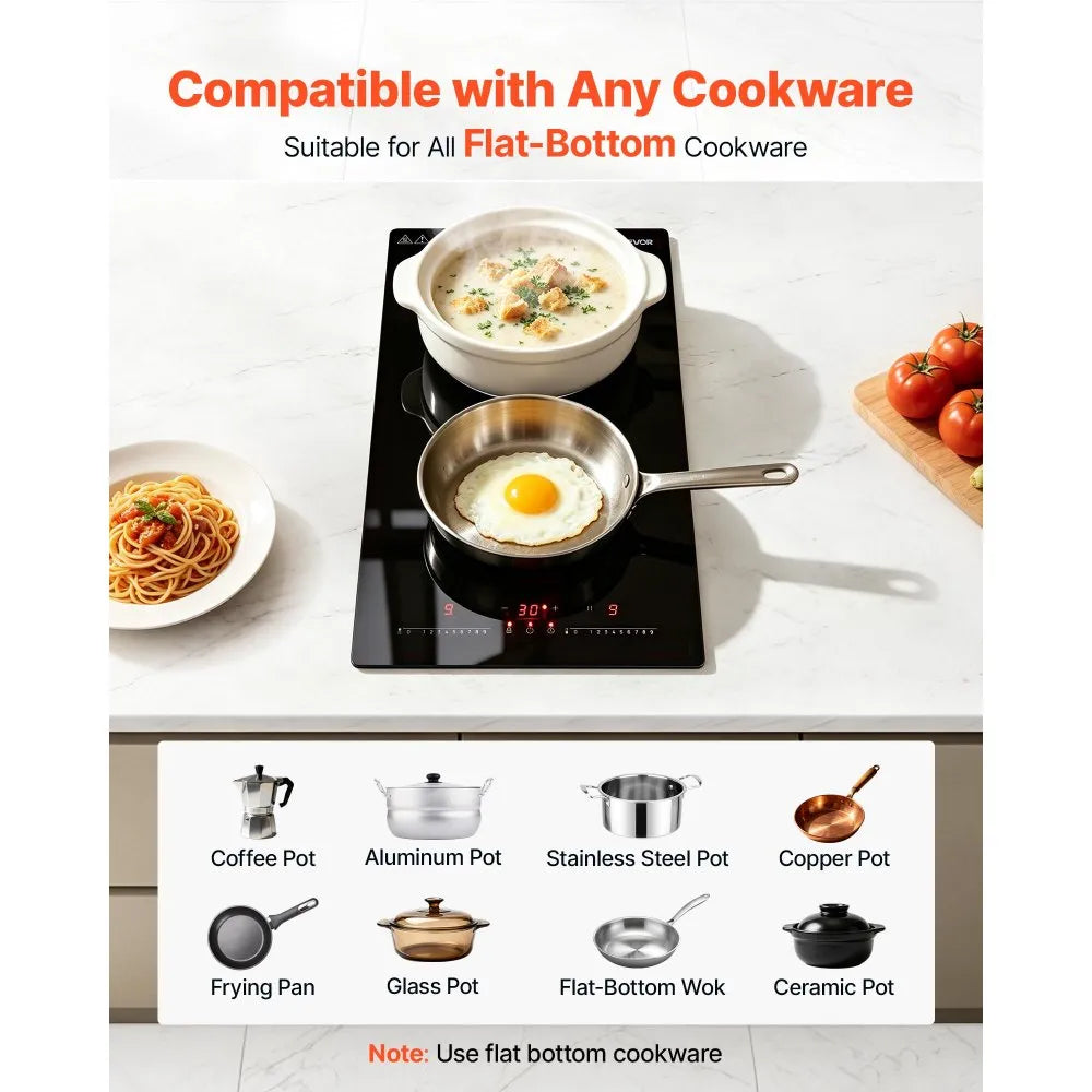 VEVOR Electric Cooktop 12inch 2 Burners Portable Stove Top 1800W 120V, Ceramic Countertop/Built-in Radiant Electric Stove, with 9 Power Levels, Timer, Child Lock, Over-Heat Guard, Touch Control