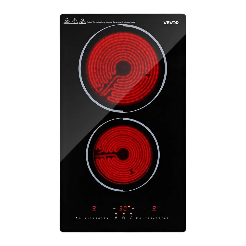 VEVOR Electric Cooktop 12inch 2 Burners Portable Stove Top 1800W 120V, Ceramic Countertop/Built-in Radiant Electric Stove, with 9 Power Levels, Timer, Child Lock, Over-Heat Guard, Touch Control