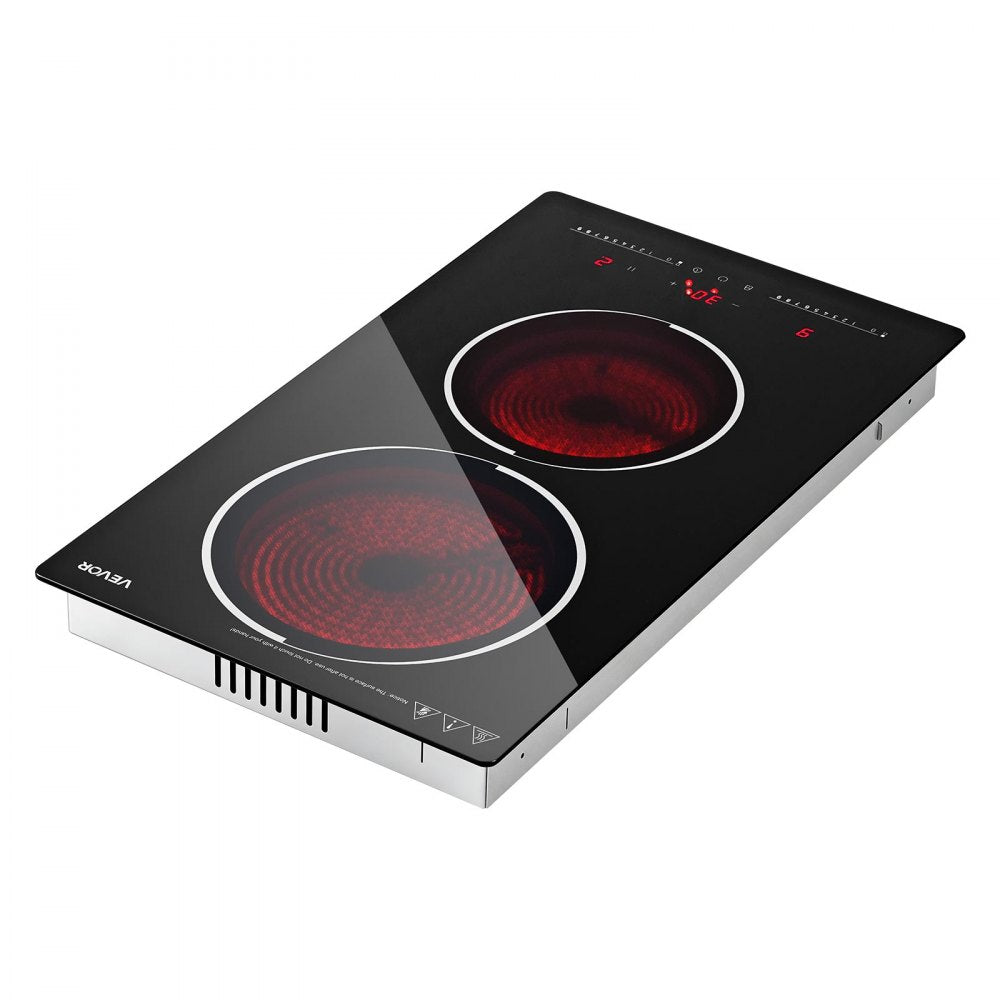 VEVOR Electric Cooktop 12inch 2 Burners Portable Stove Top 1800W 120V, Ceramic Countertop/Built-in Radiant Electric Stove, with 9 Power Levels, Timer, Child Lock, Over-Heat Guard, Touch Control