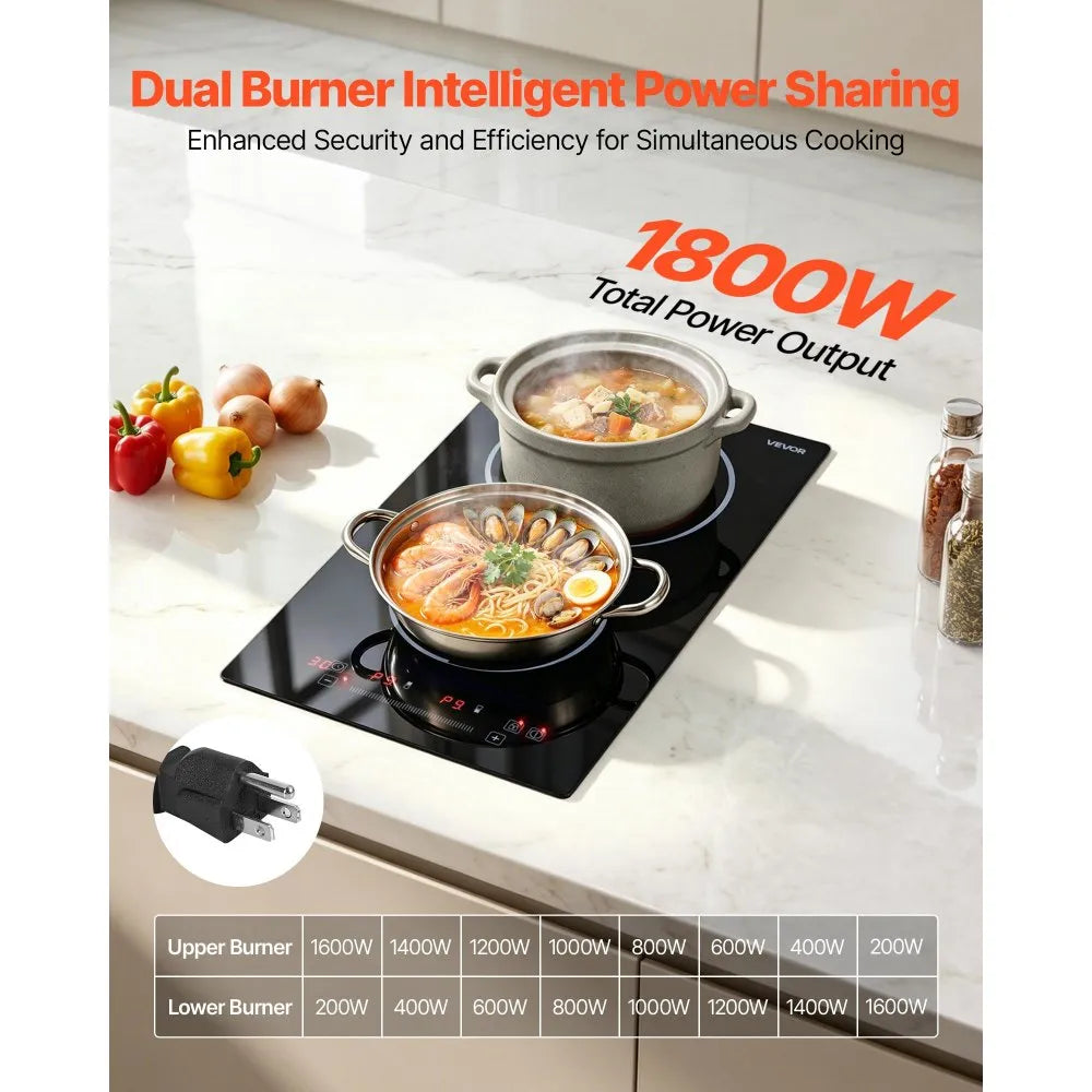 VEVOR Electric Cooktop 12inch 2 Burners Portable Stove Top 1800W 120V, Ceramic Countertop/Built-in  Radiant Electric Stove, with 9 Power Levels, Timer, Child Lock, Over-Heat Guard, Touch Control