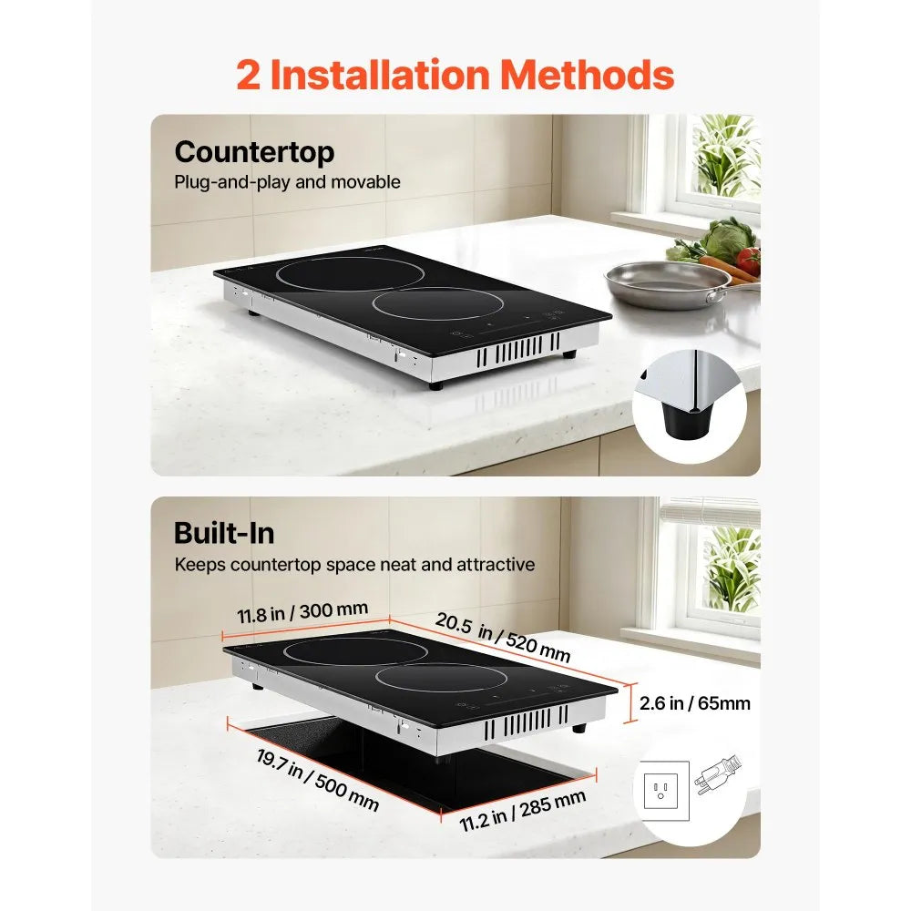 VEVOR Electric Cooktop 12inch 2 Burners Portable Stove Top 1800W 120V, Ceramic Countertop/Built-in  Radiant Electric Stove, with 9 Power Levels, Timer, Child Lock, Over-Heat Guard, Touch Control