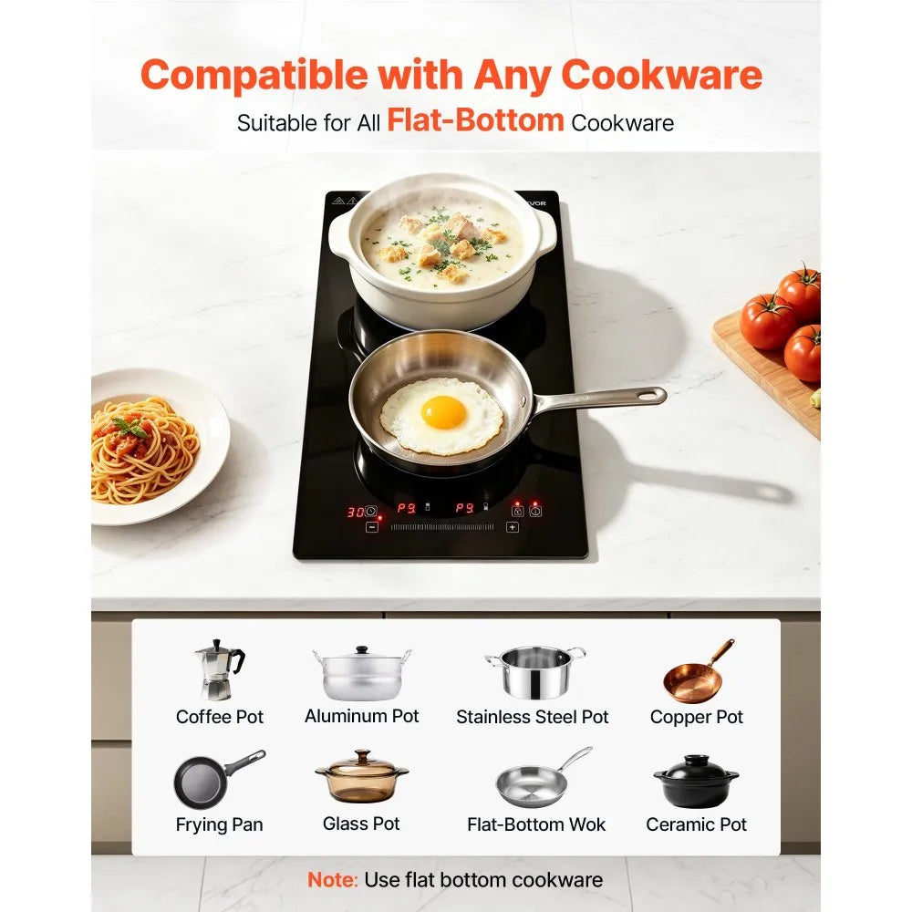 VEVOR Electric Cooktop 12inch 2 Burners Portable Stove Top 1800W 120V, Ceramic Countertop/Built-in  Radiant Electric Stove, with 9 Power Levels, Timer, Child Lock, Over-Heat Guard, Touch Control