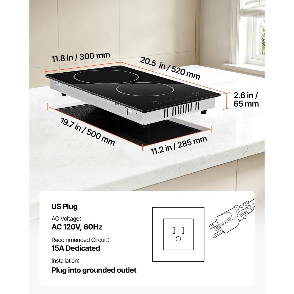 VEVOR Electric Cooktop 12inch 2 Burners Portable Stove Top 1800W 120V, Ceramic Countertop/Built-in  Radiant Electric Stove, with 9 Power Levels, Timer, Child Lock, Over-Heat Guard, Touch Control