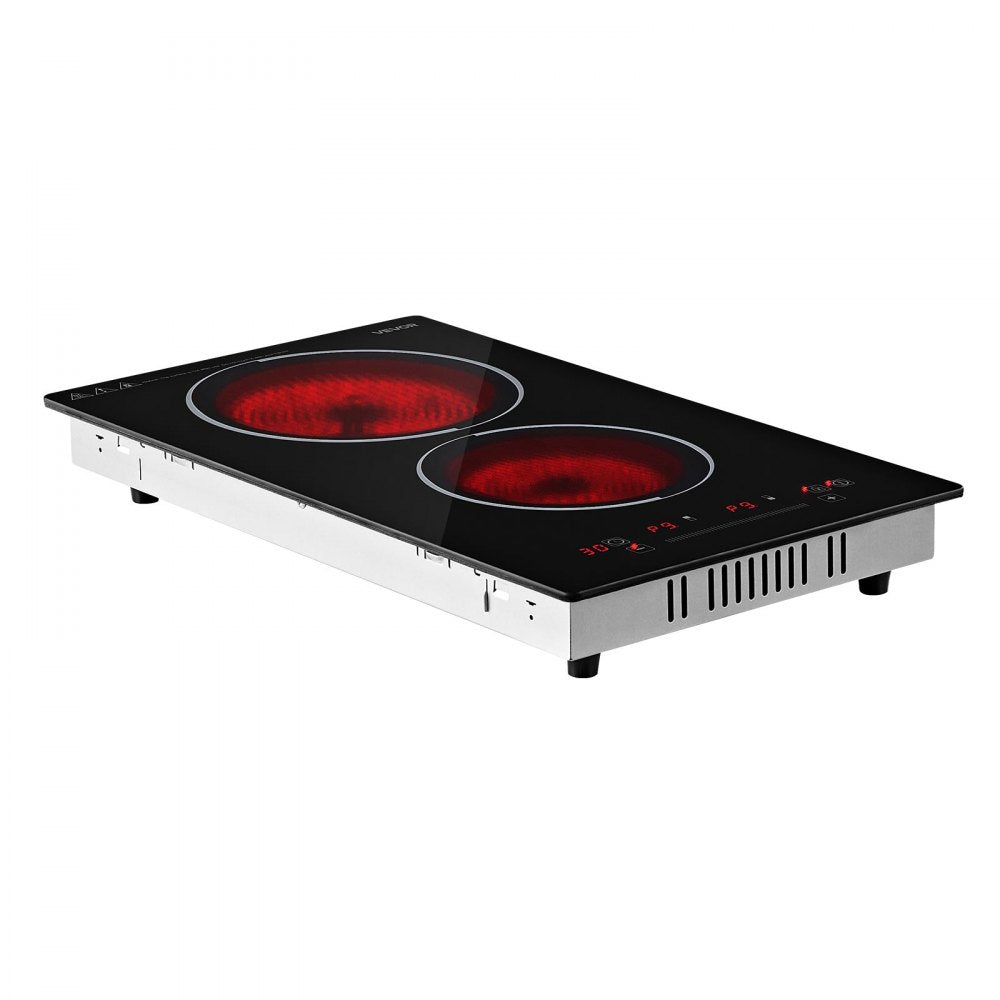 VEVOR Electric Cooktop 12inch 2 Burners Portable Stove Top 1800W 120V, Ceramic Countertop/Built-in  Radiant Electric Stove, with 9 Power Levels, Timer, Child Lock, Over-Heat Guard, Touch Control