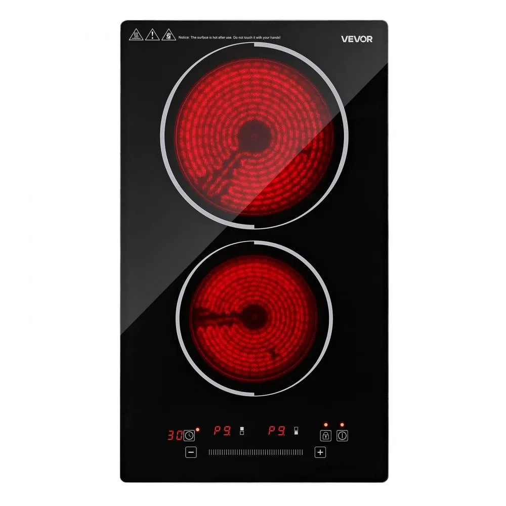 VEVOR Electric Cooktop 12inch 2 Burners Portable Stove Top 1800W 120V, Ceramic Countertop/Built-in  Radiant Electric Stove, with 9 Power Levels, Timer, Child Lock, Over-Heat Guard, Touch Control