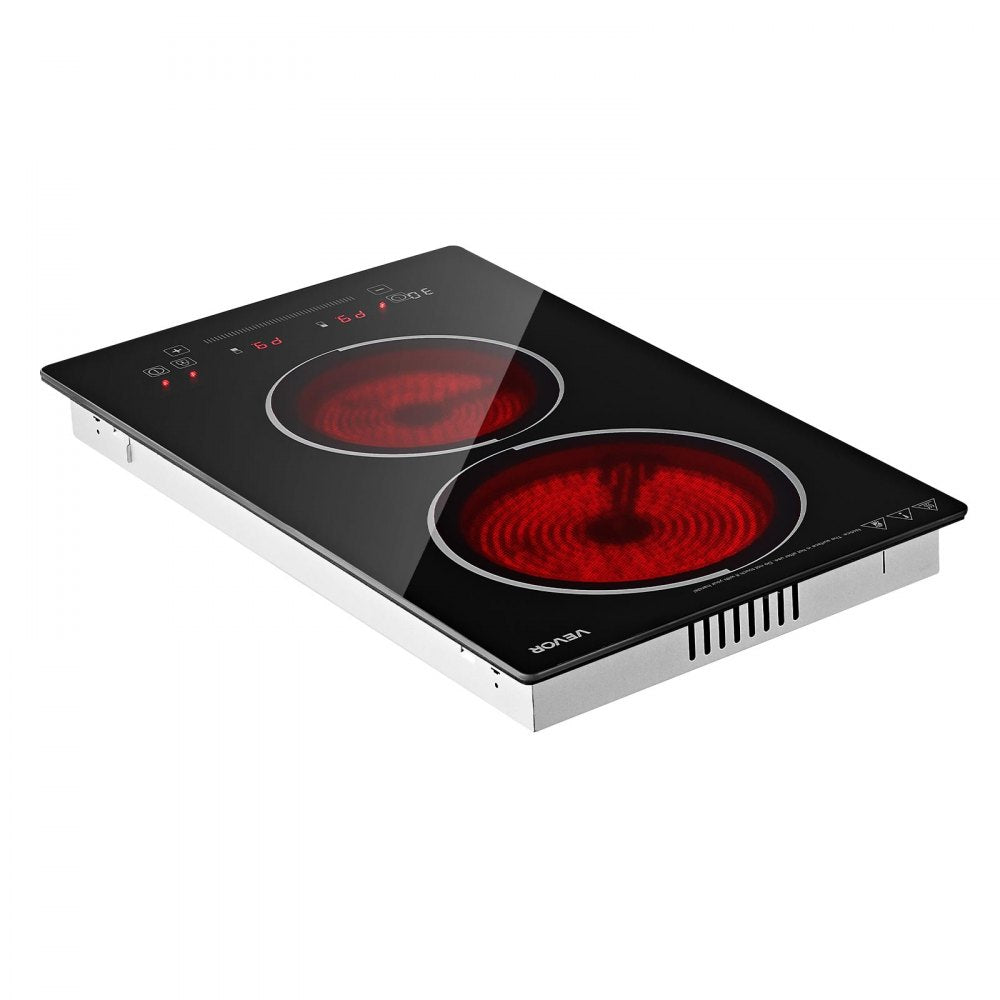 VEVOR Electric Cooktop 12inch 2 Burners Portable Stove Top 1800W 120V, Ceramic Countertop/Built-in  Radiant Electric Stove, with 9 Power Levels, Timer, Child Lock, Over-Heat Guard, Touch Control