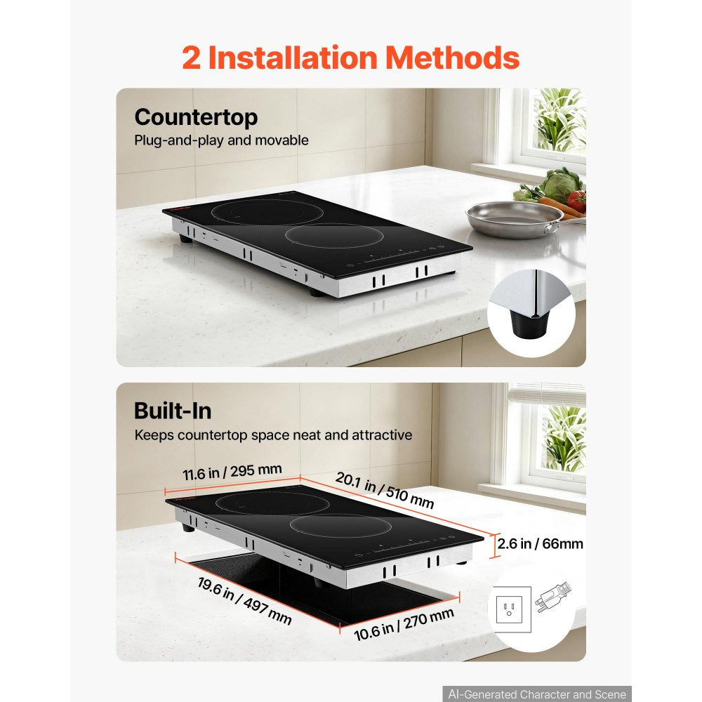 VEVOR Electric Cooktop 12inch 2 Burners Portable Stove Top 1800W 120V, Ceramic Countertop/Built-in Radiant Electric Stove, with 16 Power Levels, Timer, Child Lock, Over-Heat Guard, Touch Control