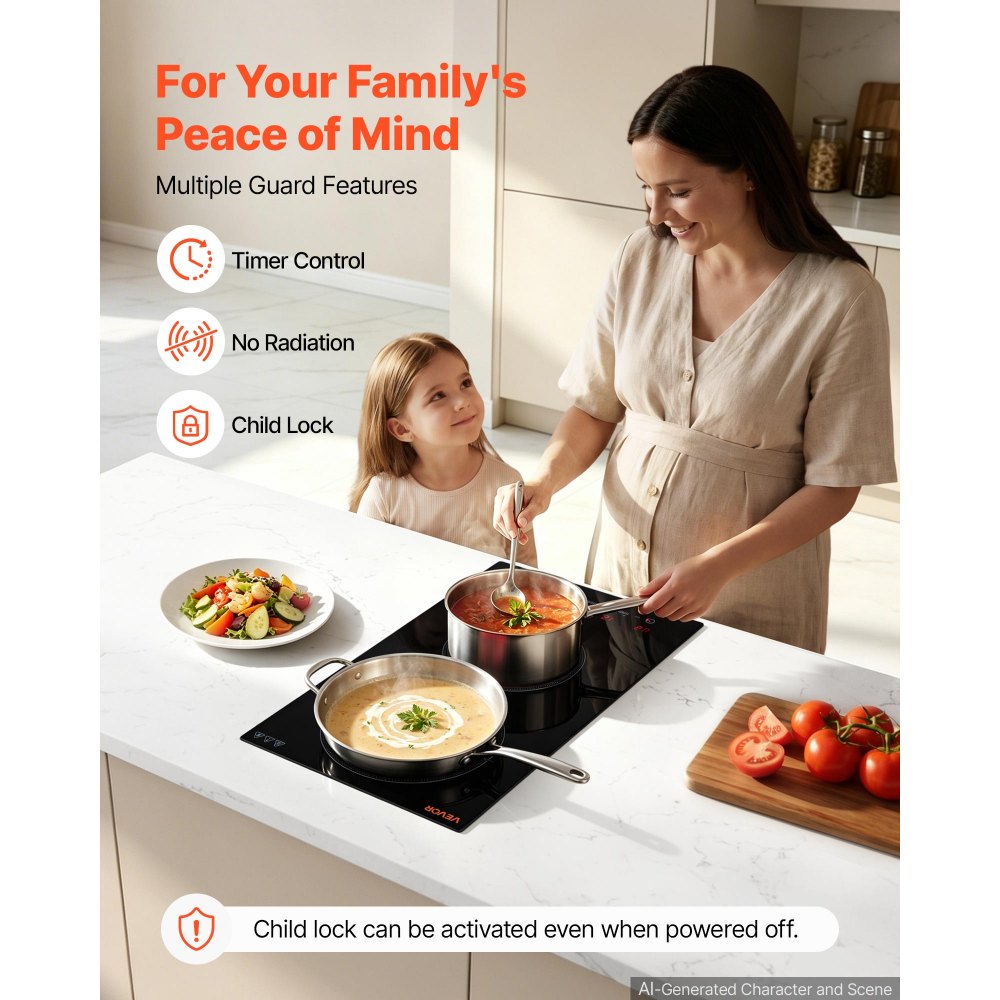 VEVOR Electric Cooktop 12inch 2 Burners Portable Stove Top 1800W 120V, Ceramic Countertop/Built-in Radiant Electric Stove, with 16 Power Levels, Timer, Child Lock, Over-Heat Guard, Touch Control