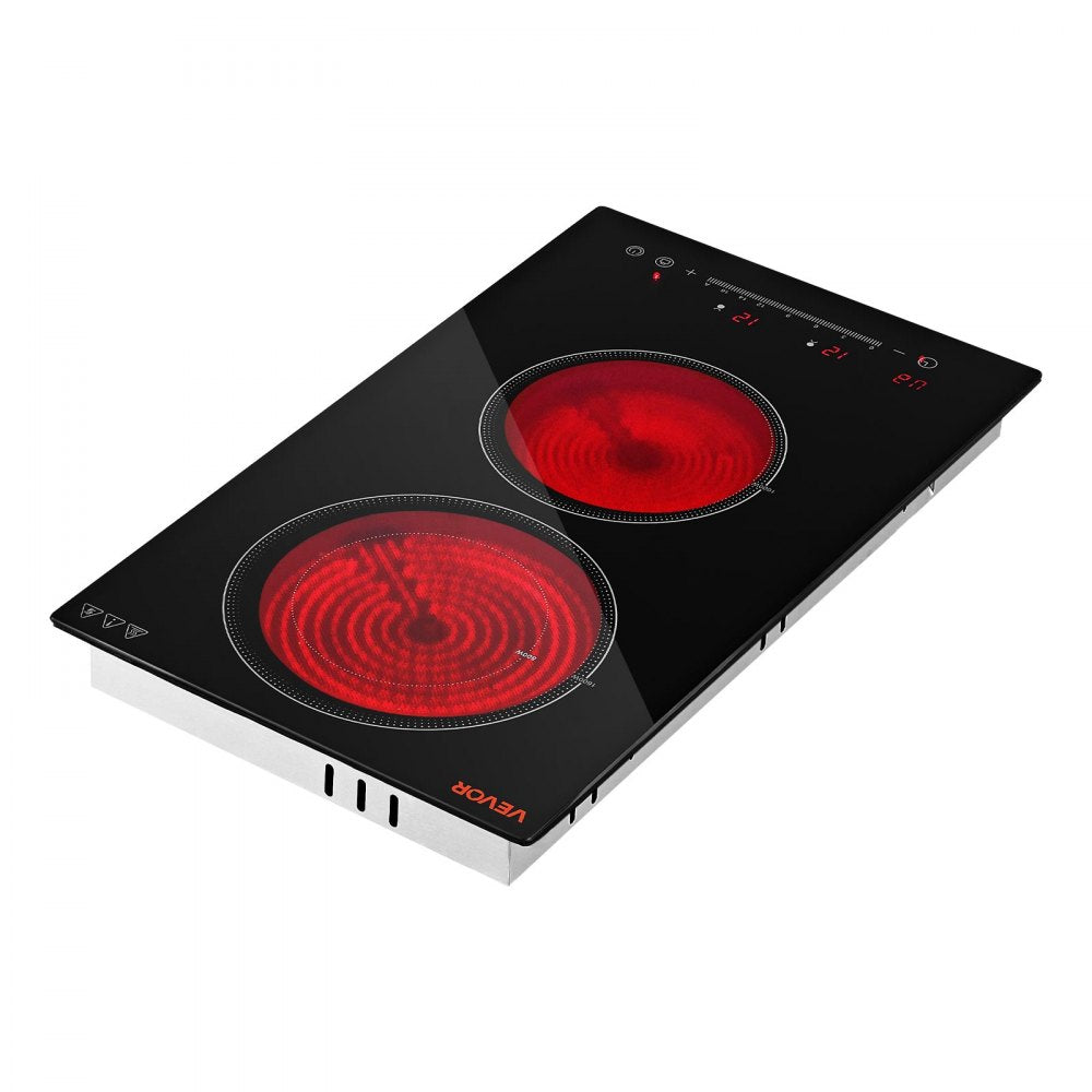 VEVOR Electric Cooktop 12inch 2 Burners Portable Stove Top 1800W 120V, Ceramic Countertop/Built-in Radiant Electric Stove, with 16 Power Levels, Timer, Child Lock, Over-Heat Guard, Touch Control