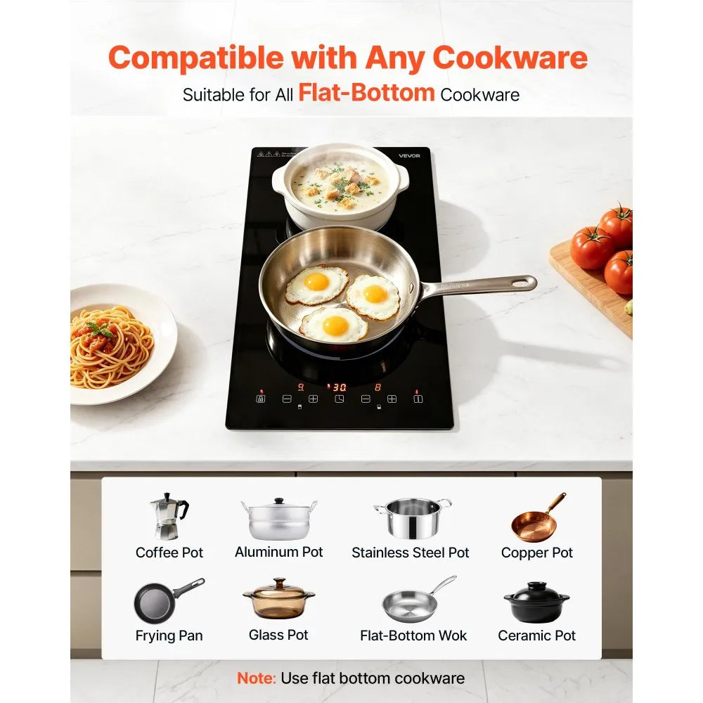 VEVOR Electric Cooktop 12inch 2 Burners Stove Top 3000W 220V No Plug, Ceramic Built-in Radiant Electric Stove, with 9 Power Levels, Timer, Child Lock, Over-Heat Guard, Touch Control