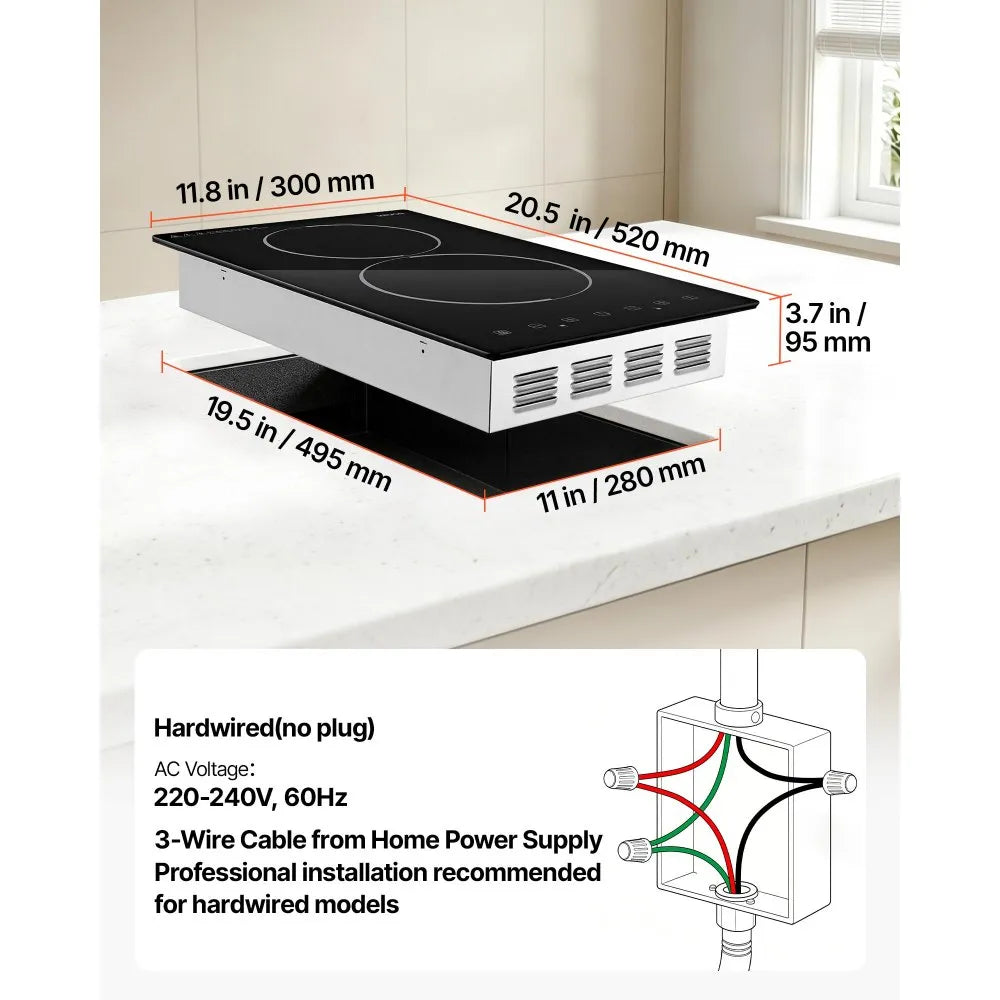 VEVOR Electric Cooktop 12inch 2 Burners Stove Top 3000W 220V No Plug, Ceramic Built-in Radiant Electric Stove, with 9 Power Levels, Timer, Child Lock, Over-Heat Guard, Touch Control