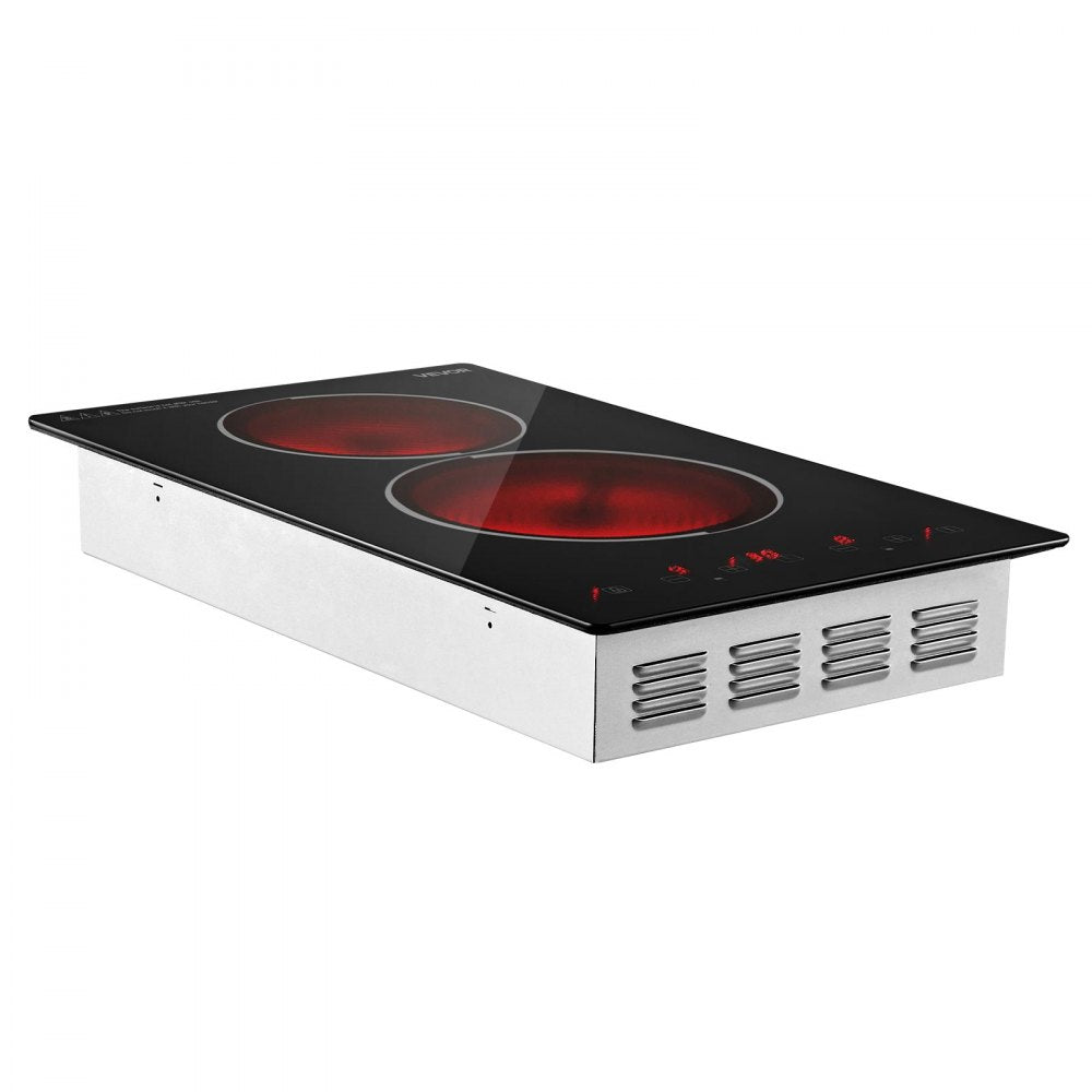 VEVOR Electric Cooktop 12inch 2 Burners Stove Top 3000W 220V No Plug, Ceramic Built-in Radiant Electric Stove, with 9 Power Levels, Timer, Child Lock, Over-Heat Guard, Touch Control