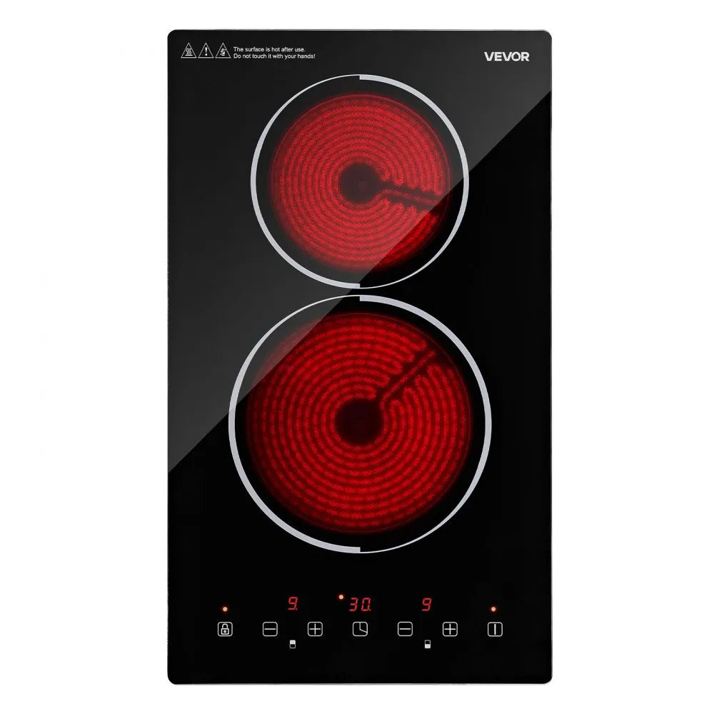 VEVOR Electric Cooktop 12inch 2 Burners Stove Top 3000W 220V No Plug, Ceramic Built-in Radiant Electric Stove, with 9 Power Levels, Timer, Child Lock, Over-Heat Guard, Touch Control