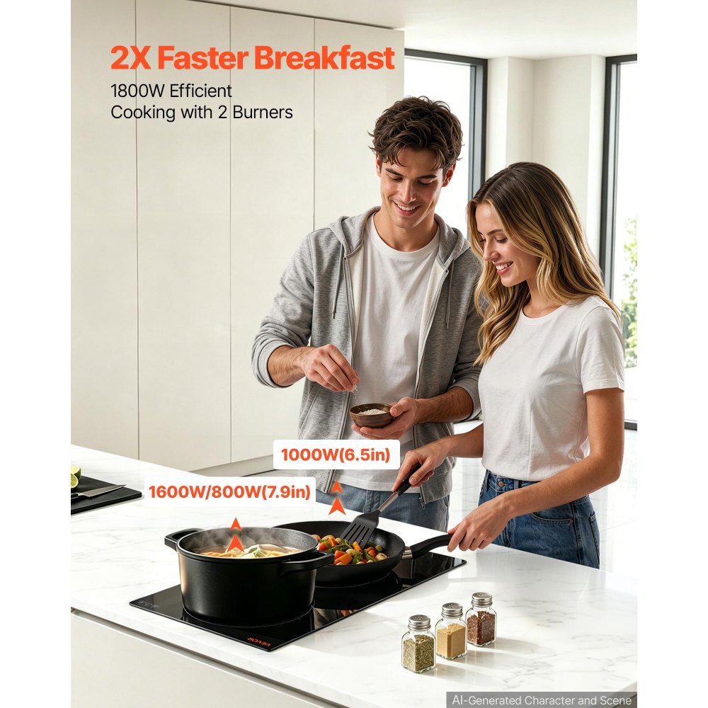 VEVOR Electric Cooktop 12inch 2 Burners Portable Stove Top 1800W 120V, Ceramic Countertop/Built-in Radiant Electric Stove, with 9 Power Levels, Timer, Child Lock, Over-Heat Guard, Touch Control