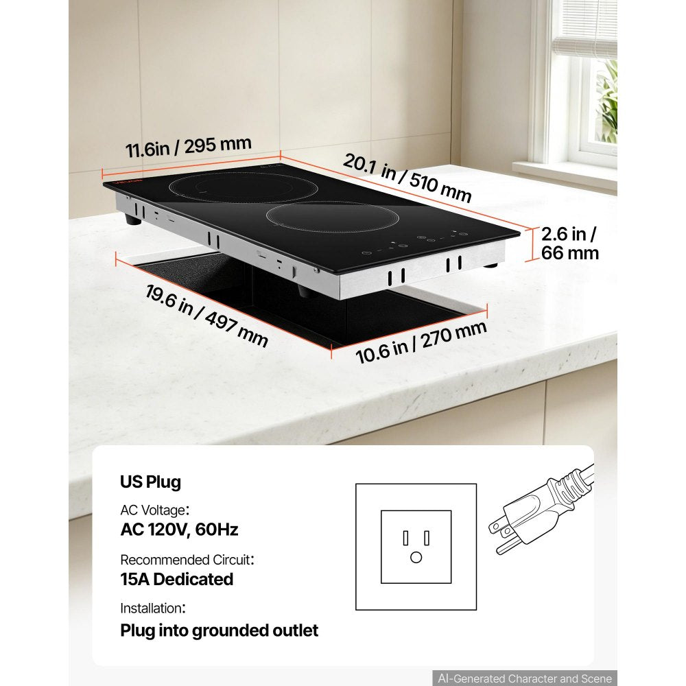 VEVOR Electric Cooktop 12inch 2 Burners Portable Stove Top 1800W 120V, Ceramic Countertop/Built-in Radiant Electric Stove, with 9 Power Levels, Timer, Child Lock, Over-Heat Guard, Touch Control