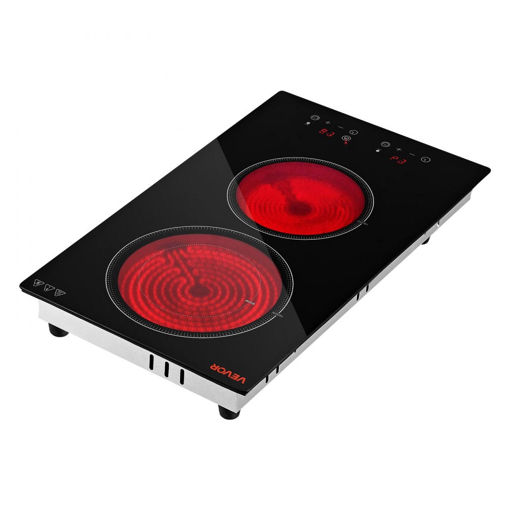 VEVOR Electric Cooktop 12inch 2 Burners Portable Stove Top 1800W 120V, Ceramic Countertop/Built-in Radiant Electric Stove, with 9 Power Levels, Timer, Child Lock, Over-Heat Guard, Touch Control