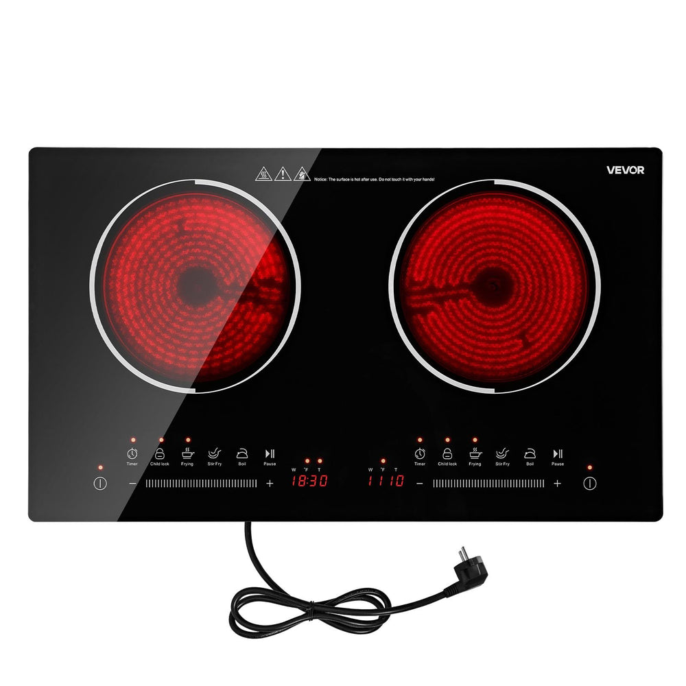 VEVOR Electric Cooktop 24inch 2 Burners Portable Stove Top 1800W 120V, Ceramic Countertop/Built-in Radiant Electric Stove , with 9 Power Levels, Timer, Child Lock, Over-Heat Guard, Touch Control
