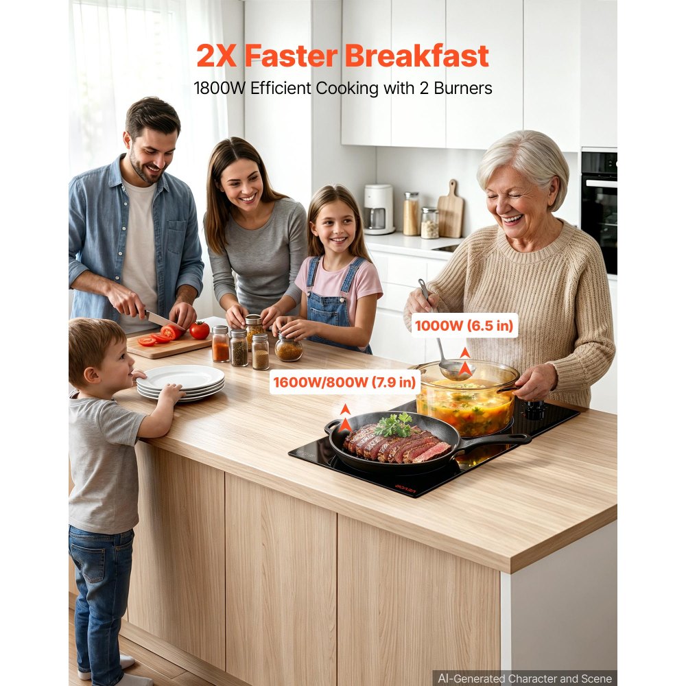 VEVOR Electric Cooktop 12in 2 Burners Portable Stove Top 1800W 120V Plug In, Ceramic Countertop/Built-in Radiant Electric Stove , with 11 Power Levels, Over-Heat Guard, Knob Control