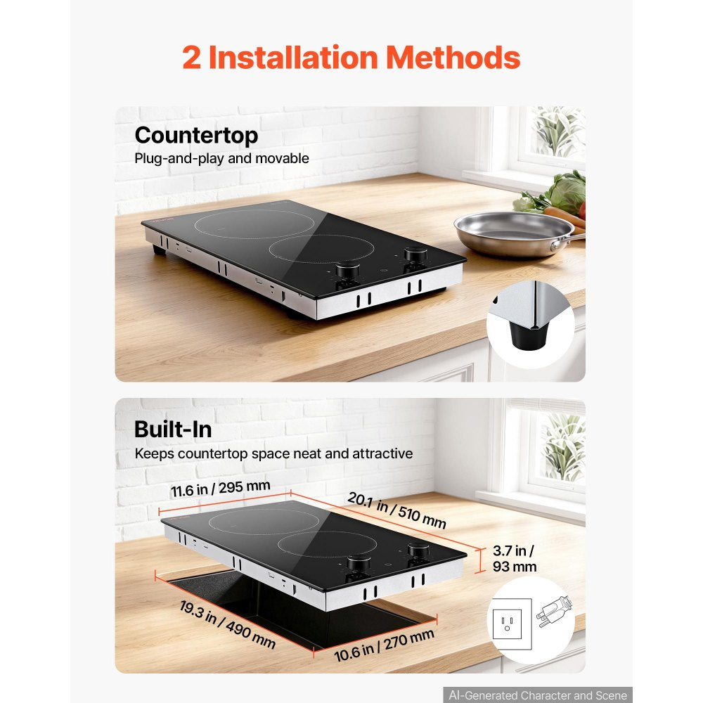 VEVOR Electric Cooktop 12in 2 Burners Portable Stove Top 1800W 120V Plug In, Ceramic Countertop/Built-in Radiant Electric Stove , with 11 Power Levels, Over-Heat Guard, Knob Control