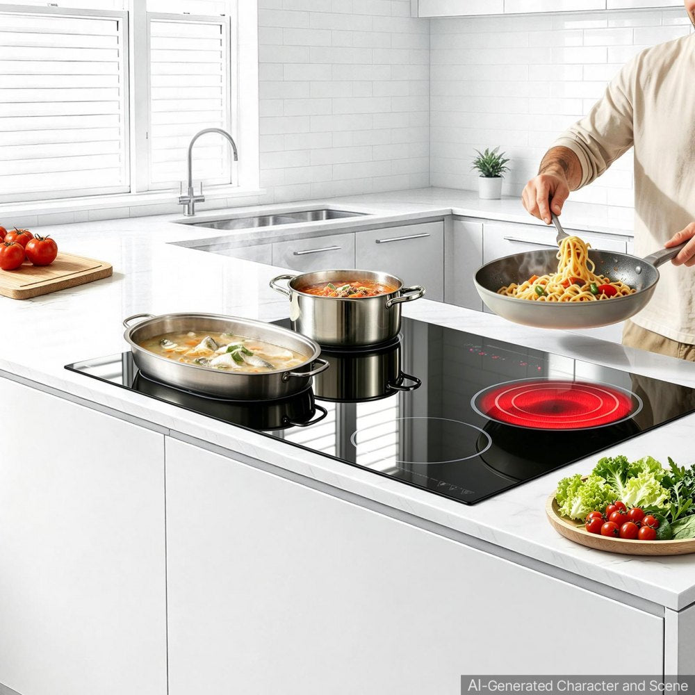 VEVOR Electric Cooktop 30inch 4 Burners Stove Top 7000W 220V No Plug, Ceramic Built-in Radiant Electric Stove , with 9 Power Levels, Timer, Child Lock, Over-Heat Guard, Touch Control