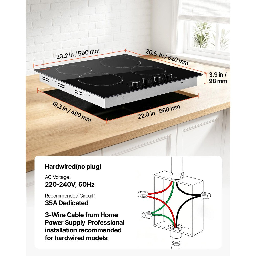 VEVOR Electric Cooktop 24inch 4 Burners Stove Top 6000W 220V No Plug, Ceramic Built-in Radiant Electric Stove , with 11 Power Levels, Over-Heat Guard, Knob Control, for Diverse Cooking Requirements