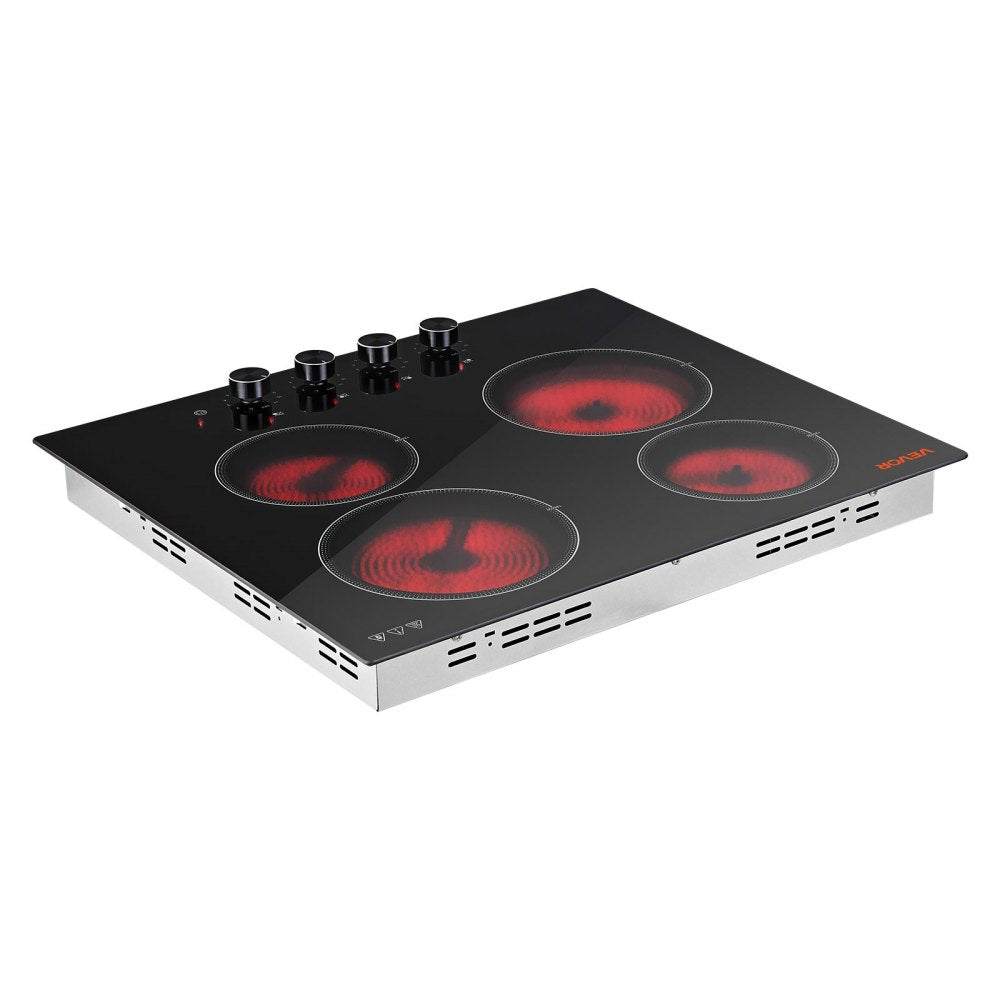 VEVOR Electric Cooktop 24inch 4 Burners Stove Top 6000W 220V No Plug, Ceramic Built-in Radiant Electric Stove , with 11 Power Levels, Over-Heat Guard, Knob Control, for Diverse Cooking Requirements