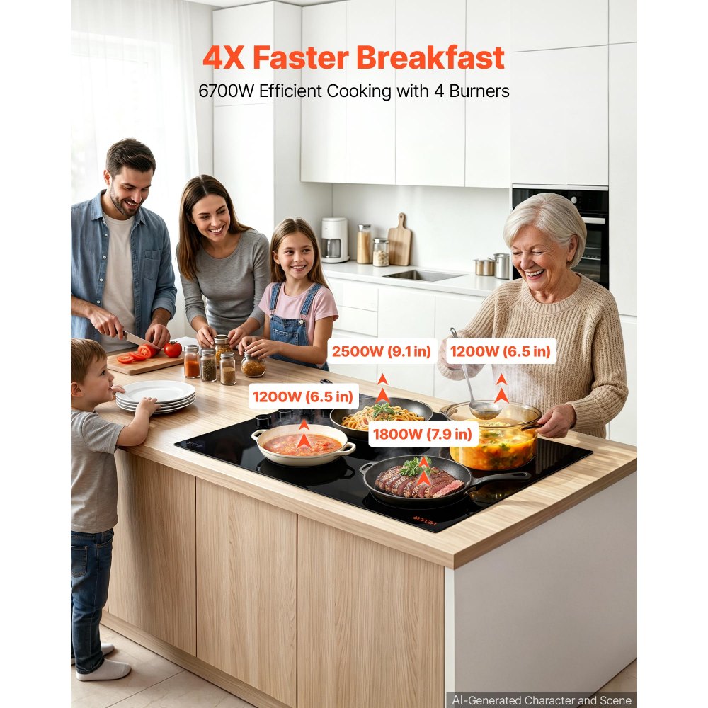 VEVOR Electric Cooktop 30inch 4 Burners Stove Top 6700W 220V No Plug, Ceramic Built-in Radiant Electric Stove , with 11 Power Levels, Timer, Child Lock, Over-Heat Guard, Knob/Touch Control