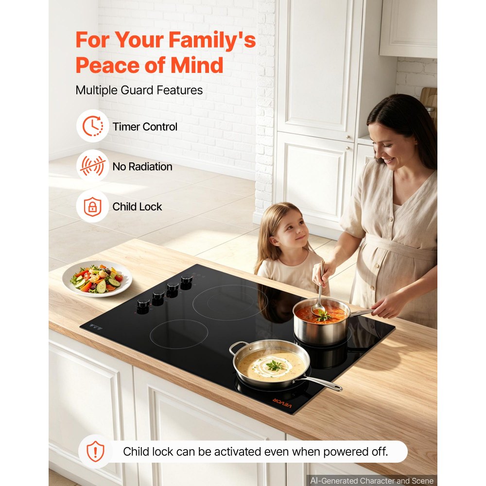 VEVOR Electric Cooktop 30inch 4 Burners Stove Top 6700W 220V No Plug, Ceramic Built-in Radiant Electric Stove , with 11 Power Levels, Timer, Child Lock, Over-Heat Guard, Knob/Touch Control