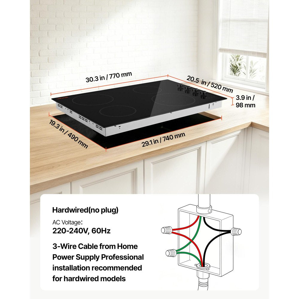 VEVOR Electric Cooktop 30inch 4 Burners Stove Top 6700W 220V No Plug, Ceramic Built-in Radiant Electric Stove , with 11 Power Levels, Timer, Child Lock, Over-Heat Guard, Knob/Touch Control