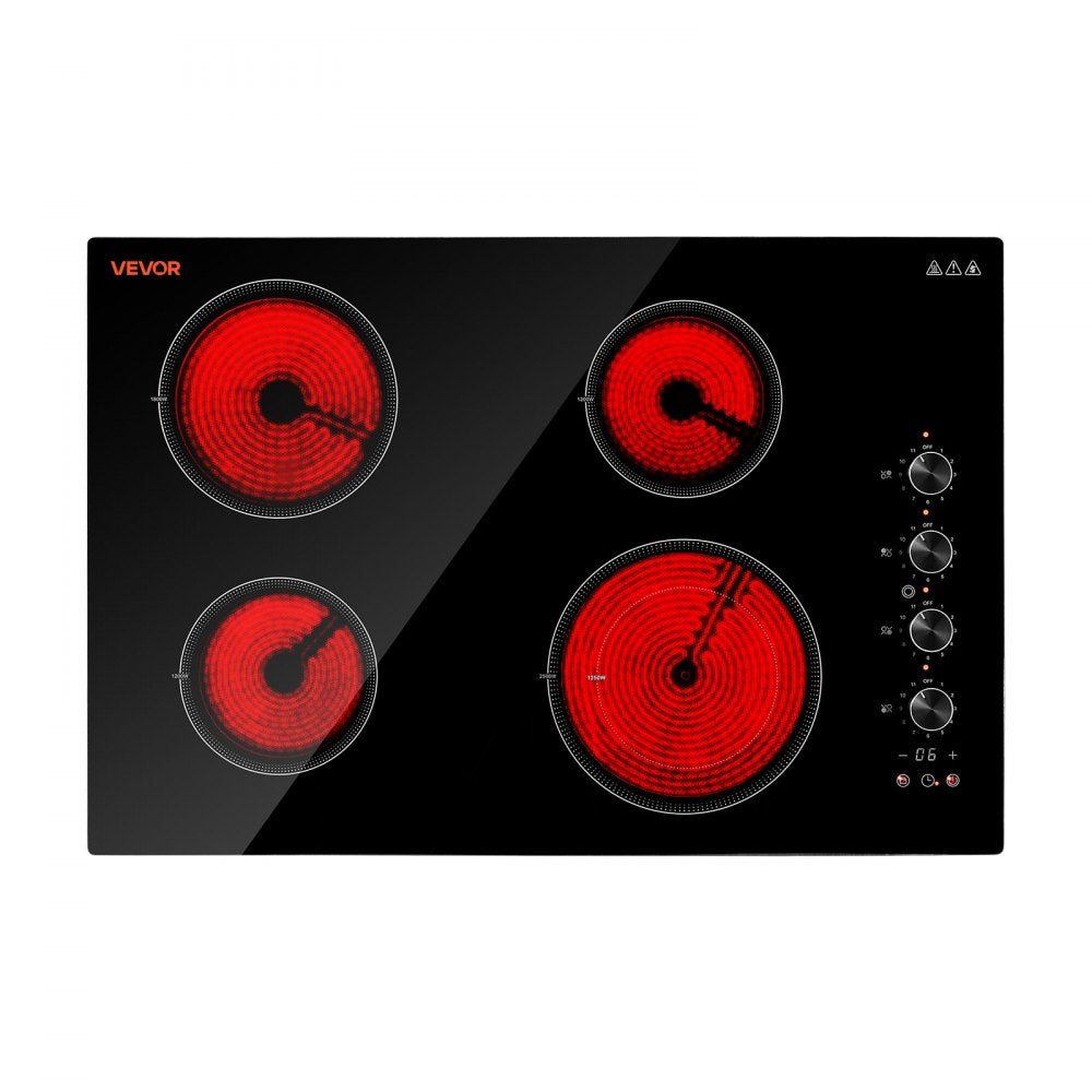 VEVOR Electric Cooktop 30inch 4 Burners Stove Top 6700W 220V No Plug, Ceramic Built-in Radiant Electric Stove , with 11 Power Levels, Timer, Child Lock, Over-Heat Guard, Knob/Touch Control