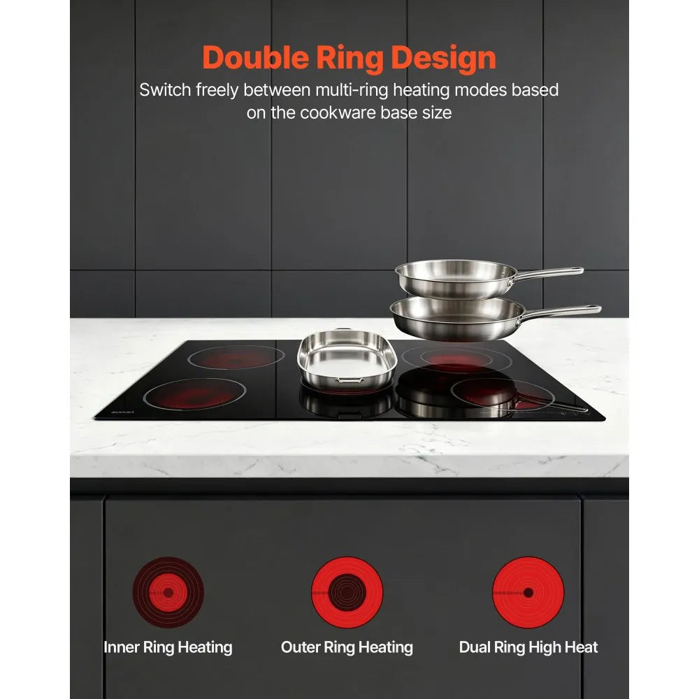 VEVOR Electric Cooktop 30inch 5 Burners Stove Top 8900W 220V No Plug, Ceramic Built-in Radiant Electric Stove , with 9 Power Levels, Timer, Child Lock, Over-Heat Guard, Touch Control