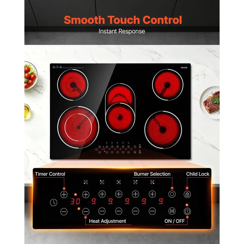 VEVOR Electric Cooktop 30inch 5 Burners Stove Top 8900W 220V No Plug, Ceramic Built-in Radiant Electric Stove , with 9 Power Levels, Timer, Child Lock, Over-Heat Guard, Touch Control