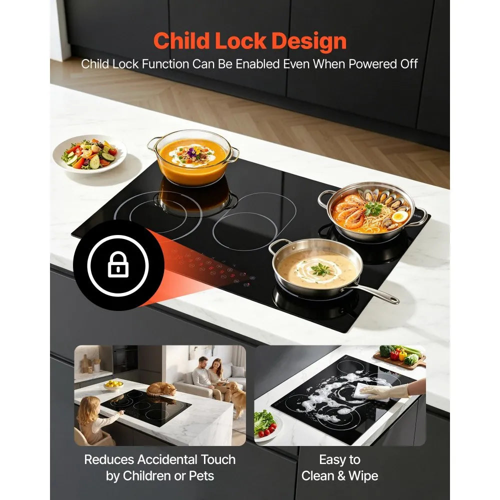 VEVOR Electric Cooktop 30inch 5 Burners Stove Top 8900W 220V No Plug, Ceramic Built-in Radiant Electric Stove , with 9 Power Levels, Timer, Child Lock, Over-Heat Guard, Touch Control