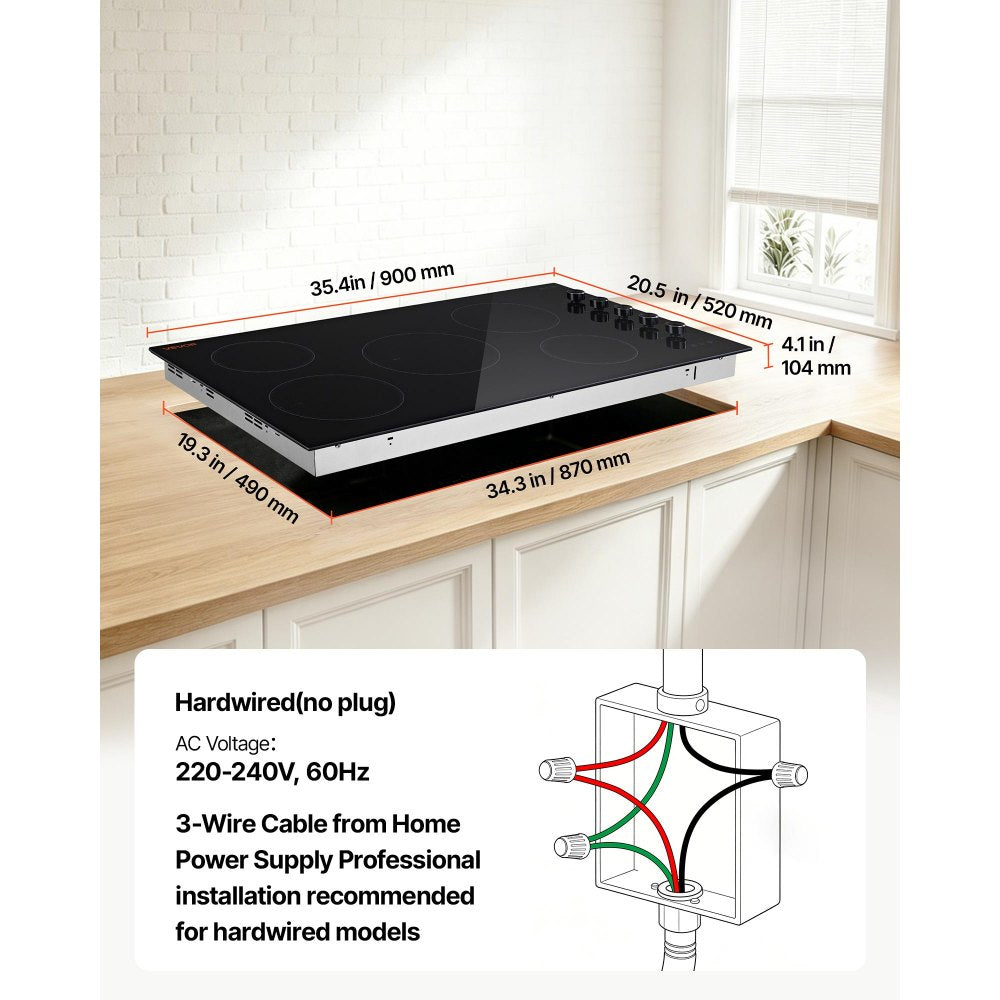 VEVOR Electric Cooktop 36inch 5 Burners Stove Top 8800W 220V No Plug, Ceramic Built-in Radiant Electric Stove , with 11 Power Levels, Timer, Child Lock, Over-Heat Guard, Knob/Touch Control