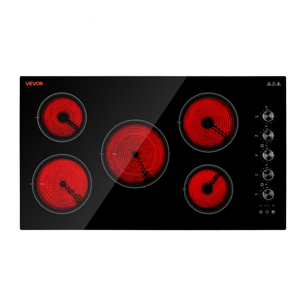 VEVOR Electric Cooktop 36inch 5 Burners Stove Top 8800W 220V No Plug, Ceramic Built-in Radiant Electric Stove , with 11 Power Levels, Timer, Child Lock, Over-Heat Guard, Knob/Touch Control