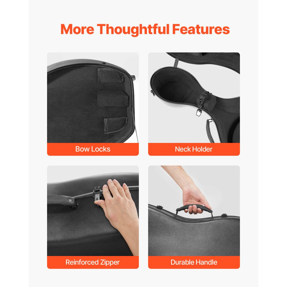 VEVOR 4/4 Full Size Cello Case, Composite Carbon Fiber, Lightweight Portable Travel Carrying Bag, with Plush Lining, Dual Shoulder Straps, Anti-Scratch, Professional Cello-Shape, for Cello, Black