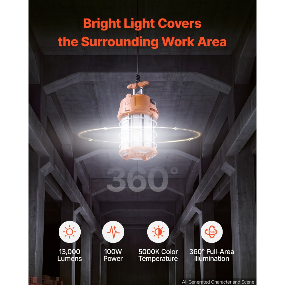 VEVOR LED Temporary Work Lights 100W 13000LM 5000K LED Construction Lights, Hanging Portable Linkable Jobsite Lighting, Daisy Chain 8 Units, 10 ft Power Cord, for Construction Sites, Workshop, 2 Pack