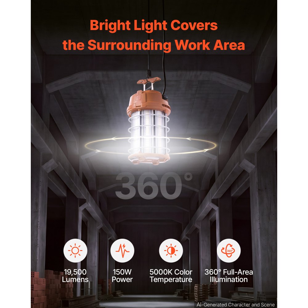 VEVOR LED Temporary Work Lights 150W 19500LM 5000K LED Construction Lights, Hanging Portable Linkable Jobsite Lighting, Daisy Chain 6 Units, 10 ft Power Cord, for Construction Sites, Workshop, 2 Pack