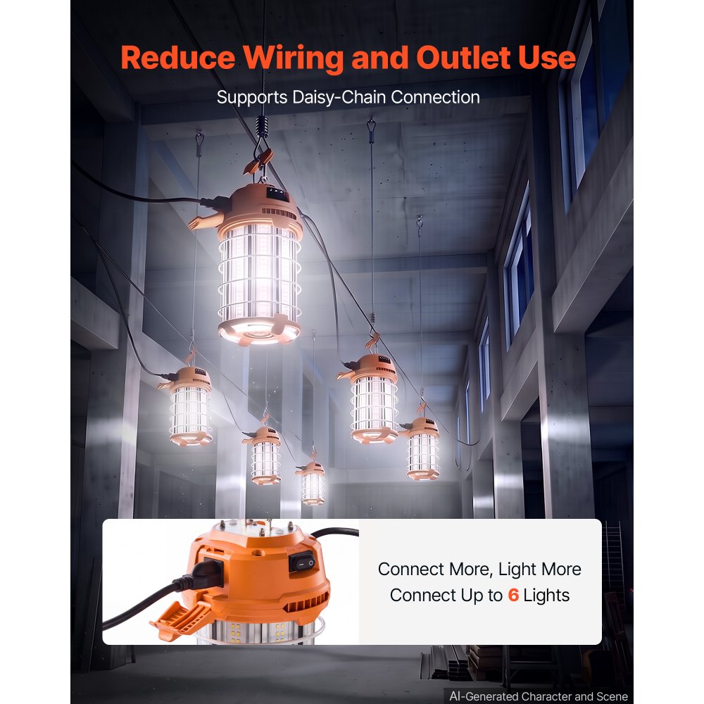 VEVOR LED Temporary Work Lights 150W 19500LM 5000K LED Construction Lights, Hanging Portable Linkable Jobsite Lighting, Daisy Chain 6 Units, 10 ft Power Cord, for Construction Sites, Workshop, 2 Pack