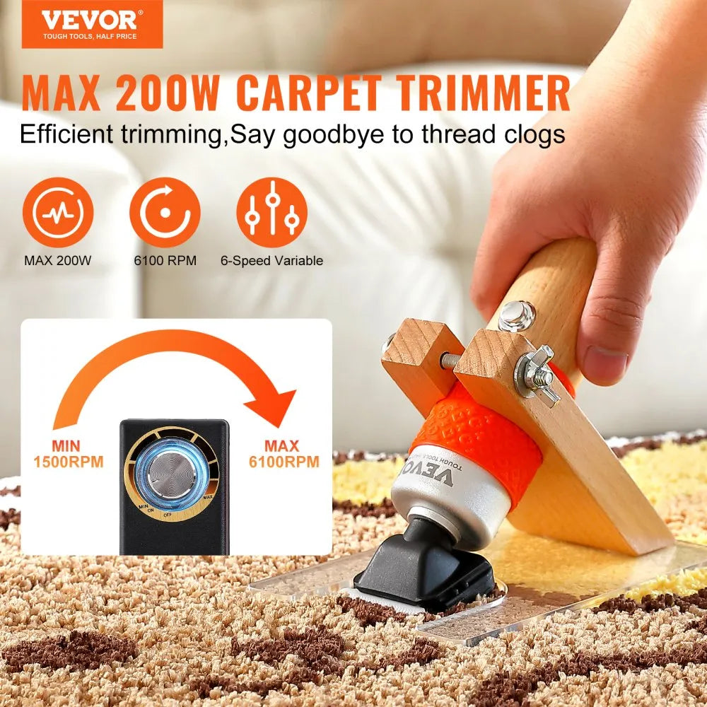 VEVOR Carpet Trimmer with Shearing Guide, 200W Electric Speed Adjustable Rug Carver, Wooden Handle Carpet Carving Clippers, Tufting Shears with 2 Blades, for Handmade Rug Cleaning and Tufted Rug