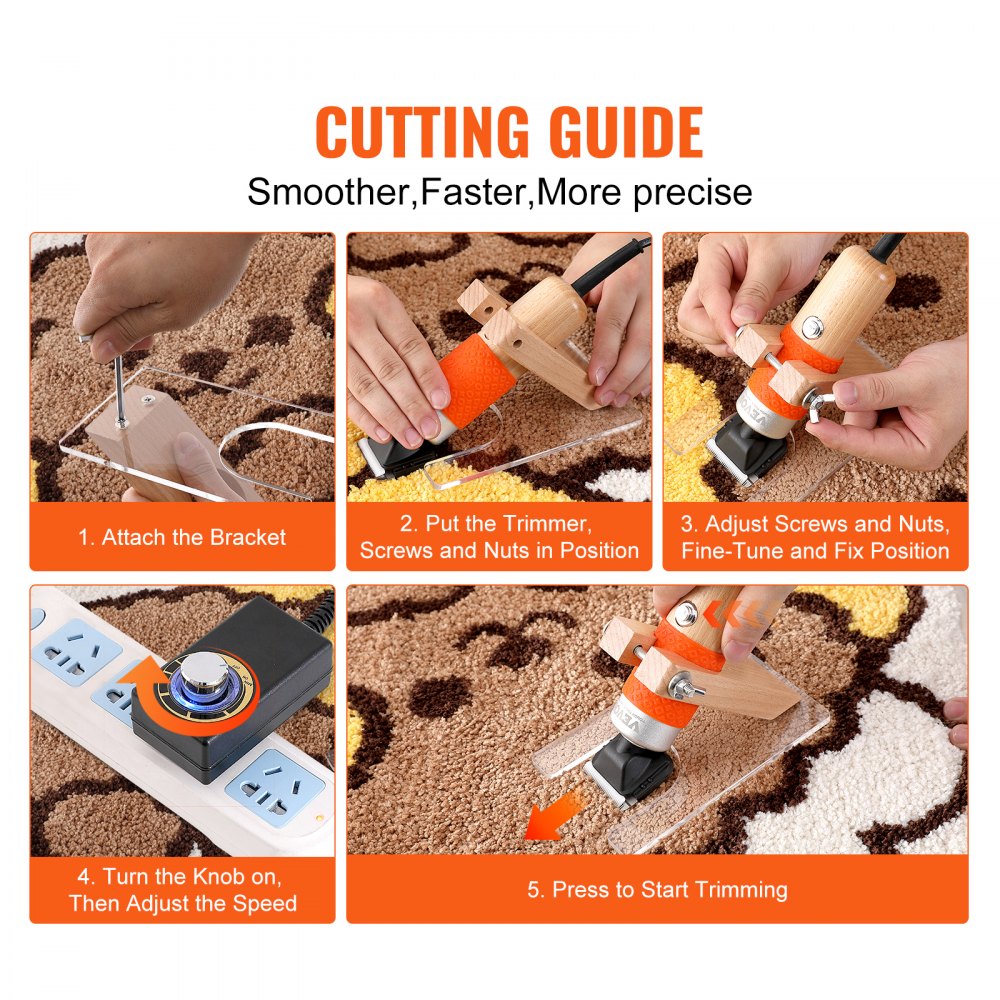 VEVOR Carpet Trimmer with Shearing Guide, 200W Electric Speed Adjustable Rug Carver, Wooden Handle Carpet Carving Clippers, Tufting Shears with 2 Blades, for Handmade Rug Cleaning and Tufted Rug