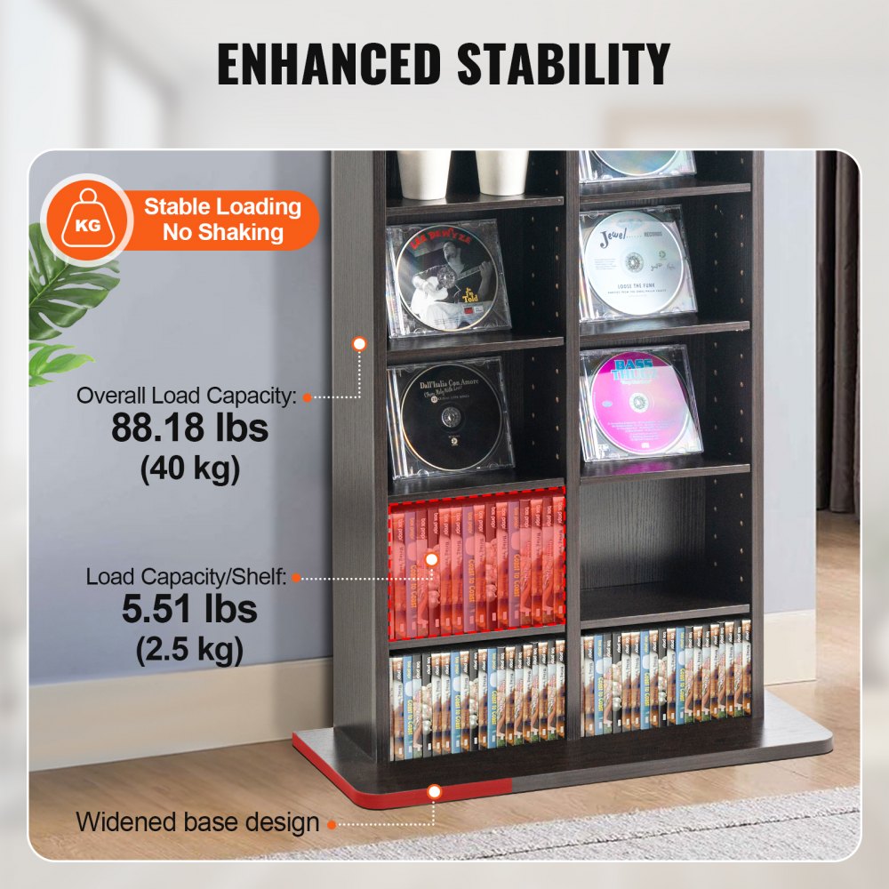 VEVOR Media Storage Cabinet, 8-layer DVD Shelf Holds up to 464 CDs, Adjustable CD Shelves 16 Compartments, Protects & Organizes Music, Movie, Video Games or Memorabilia Collections, Espresso