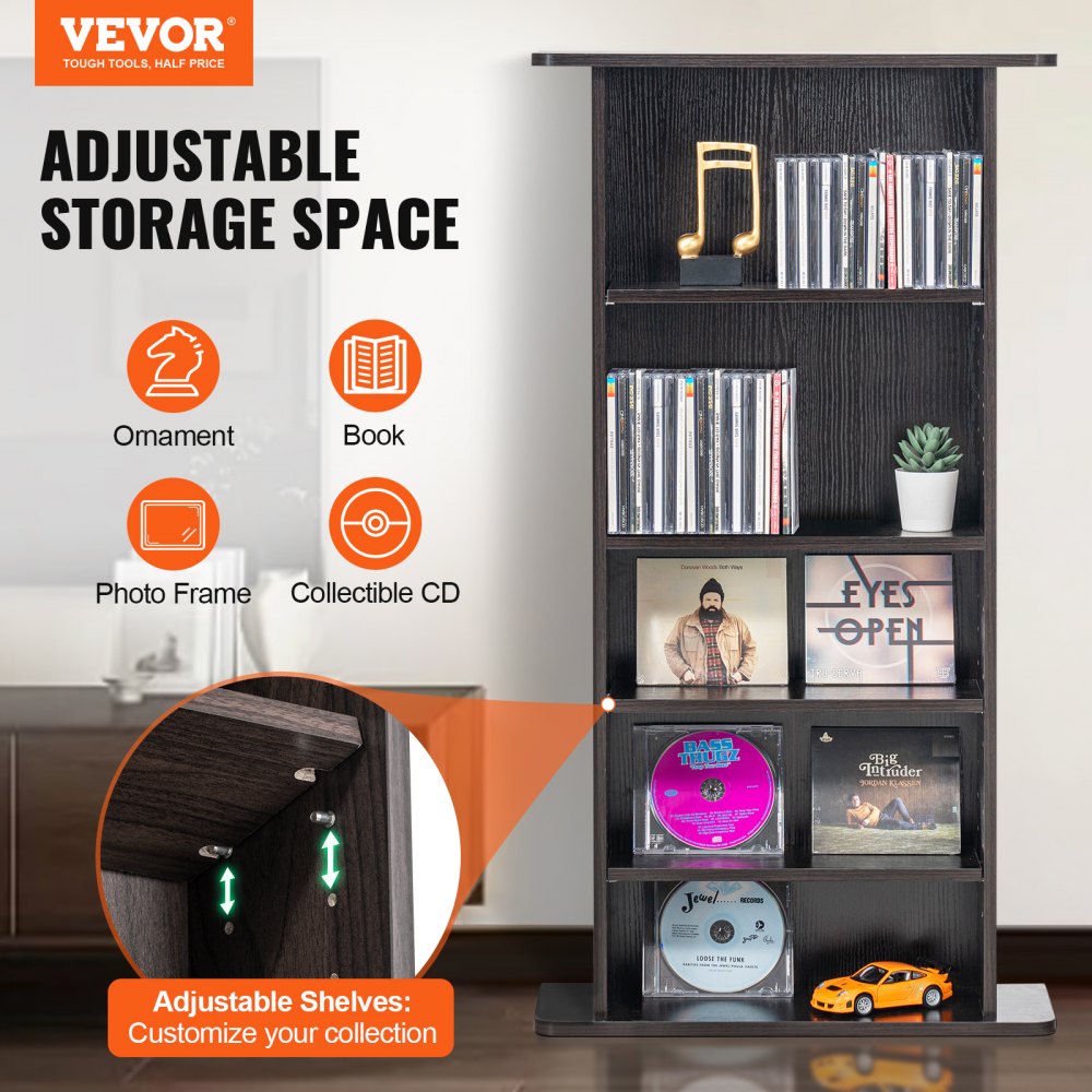 VEVOR Media Storage Cabinet, 5-layer DVD Shelf Holds up to 240 CDs, Adjustable CD Shelves, Protects & Organizes Music, Movie, Video Games or Memorabilia Collections, Espresso