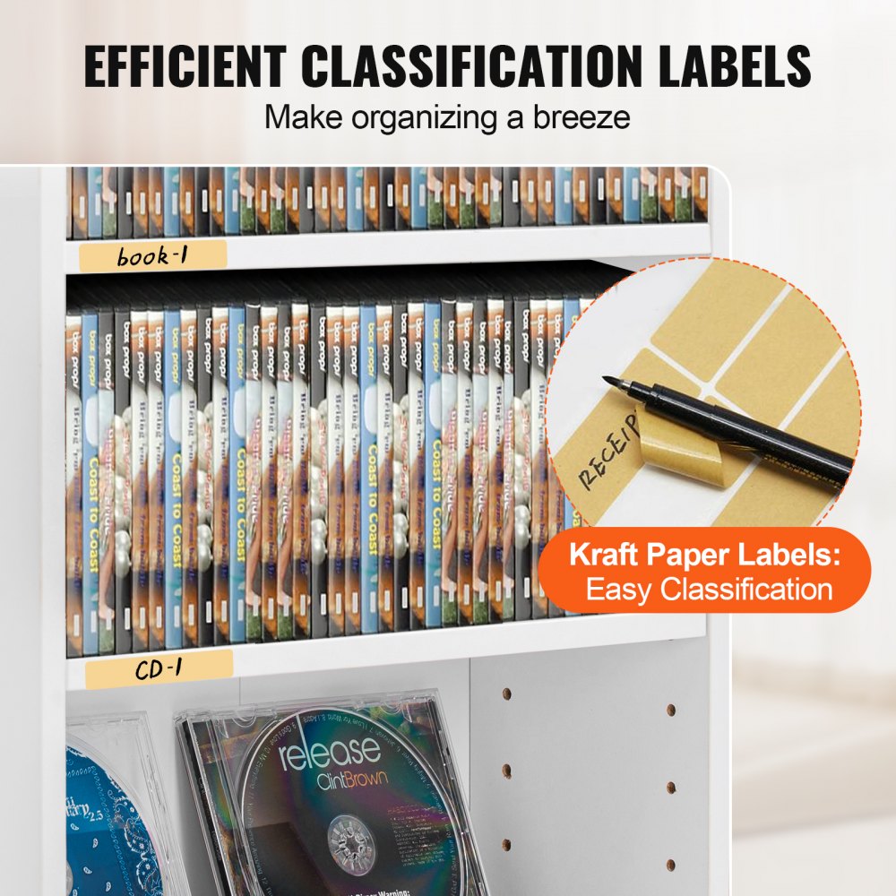 VEVOR Media Storage Cabinet, 5-layer DVD Shelf Holds up to 240 CDs, Adjustable CD Shelves, Protects & Organizes Music, Movie, Video Games or Memorabilia Collections, White