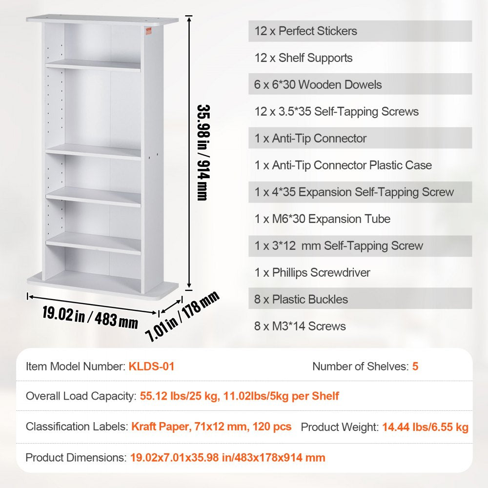 VEVOR Media Storage Cabinet, 5-layer DVD Shelf Holds up to 240 CDs, Adjustable CD Shelves, Protects & Organizes Music, Movie, Video Games or Memorabilia Collections, White