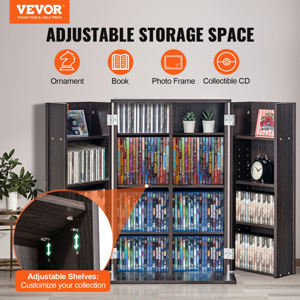 VEVOR Media Storage Cabinet, DVD Cabinet with Doors and Shelves, CD Storage Holds up to 576 CDs, Adjustable DVD Shelf, Protects & Organizes Music, Movie, Video Games or Collections-Espresso