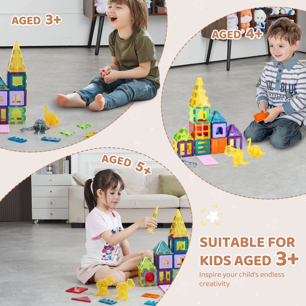 VEVOR Magnetic Tiles, 56 PCS Magnetic Animals Building Blocks for Kids, Magnet Building Set with 4 Dinosaurs, STEM Sensory Educational Construction Stacking Toys Gift for Toddlers Boys Girls Aged 3+
