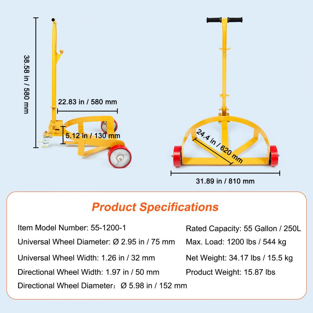 VEVOR 55 Gallon Drum Dolly, 1200 lbs Load Capacity, Barrel Dolly Cart Drum Caddy Round Dolly Steel Low Profile, Heavy Duty Steel Frame with Adjustable Handle 3 Wheels, for Workshop Factory Warehouse